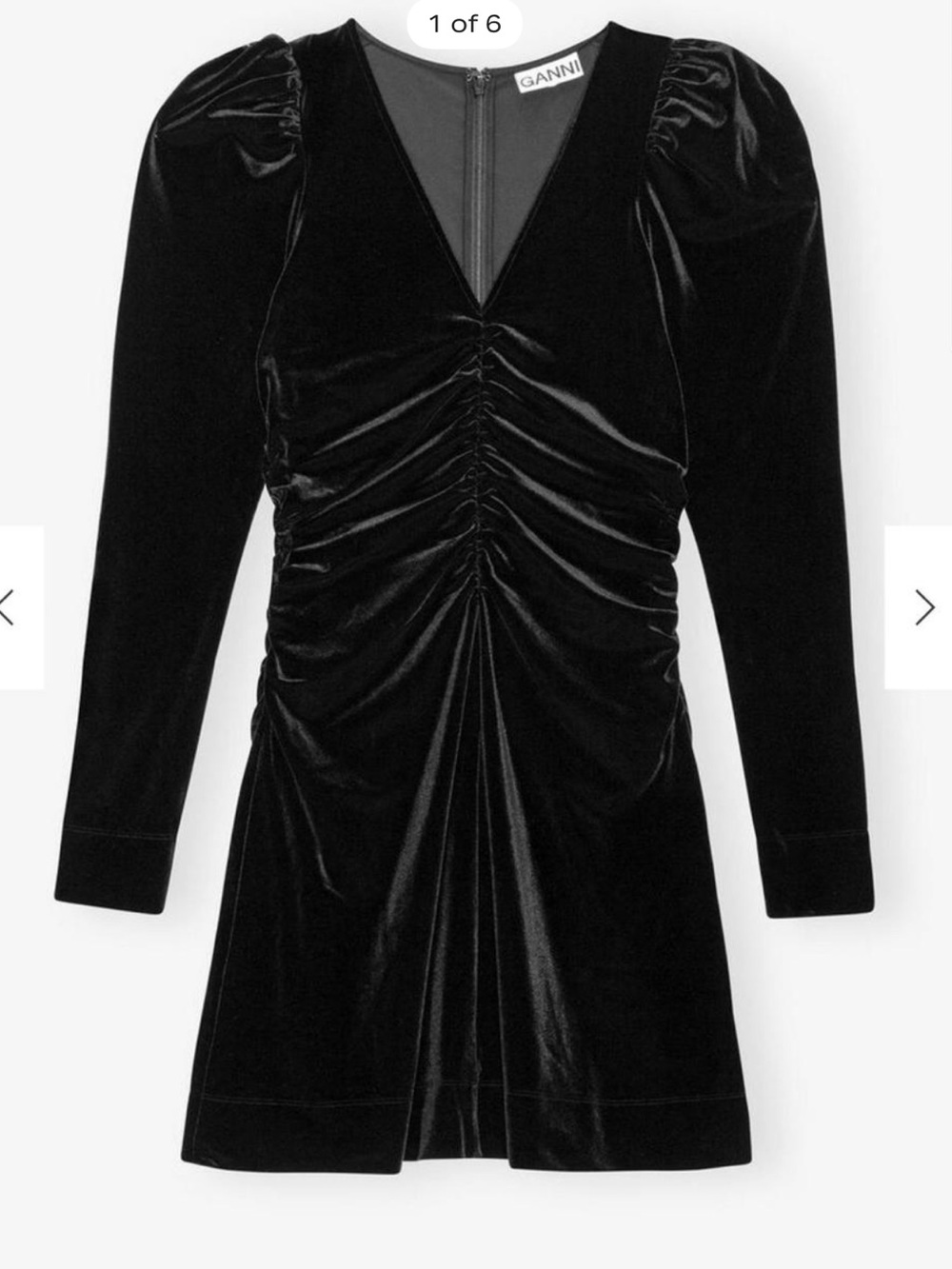 Ganni Black Velvet Ruched V-Neck Long-Sleeve Mini Dress